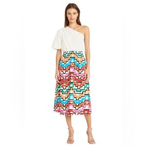 🆕 Donna Morgan Shivani Colorful Geo-Print One-Sleeve Cotton Midi Dress